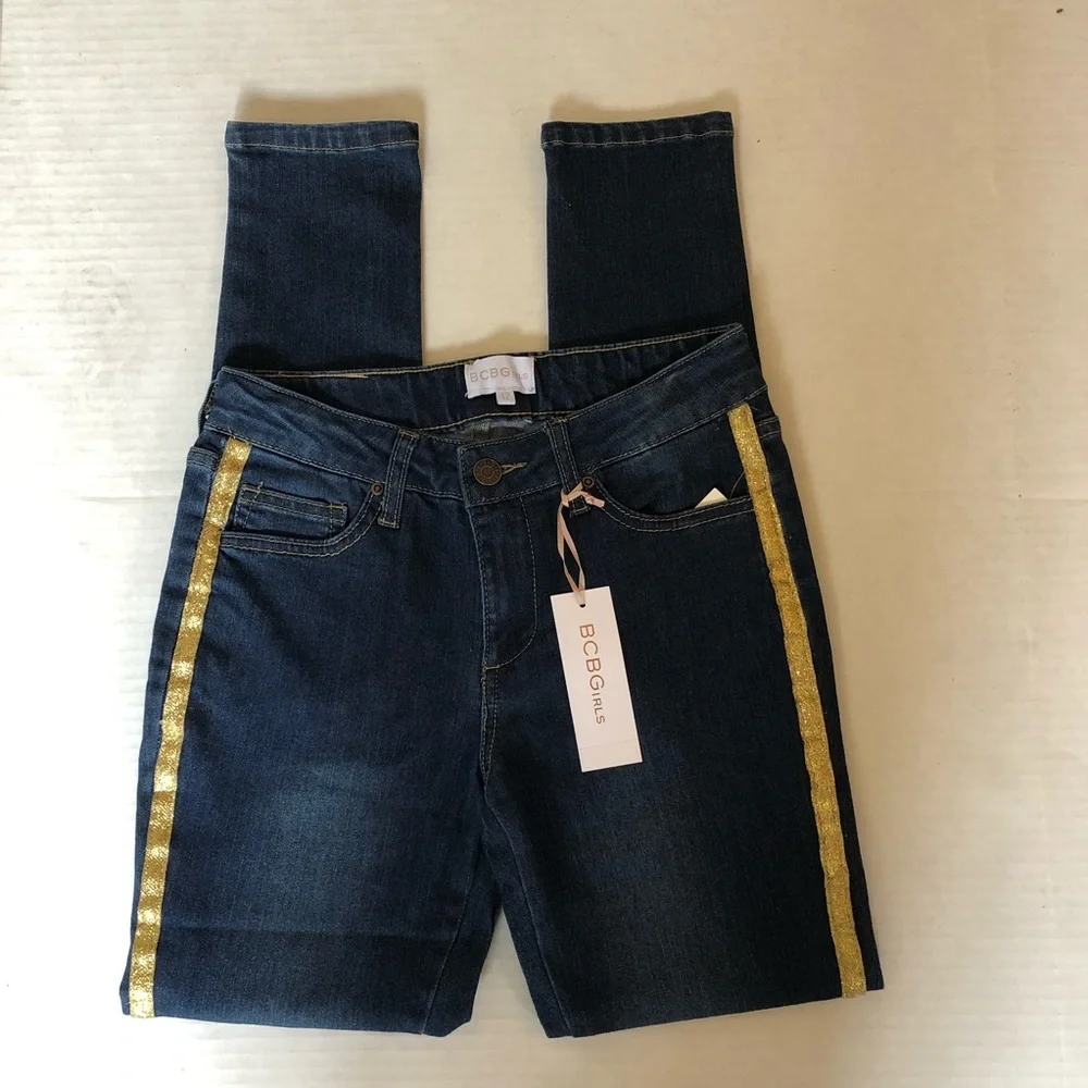 BCBGirls NWTs Blue Jeans W/Gold‎ Stripe Sz 12